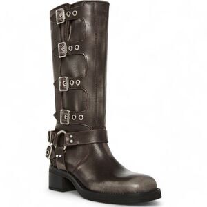 Steve Madden Brocks Size 8.5 Black Distrs Chunky Heel Buckle Moto Boot